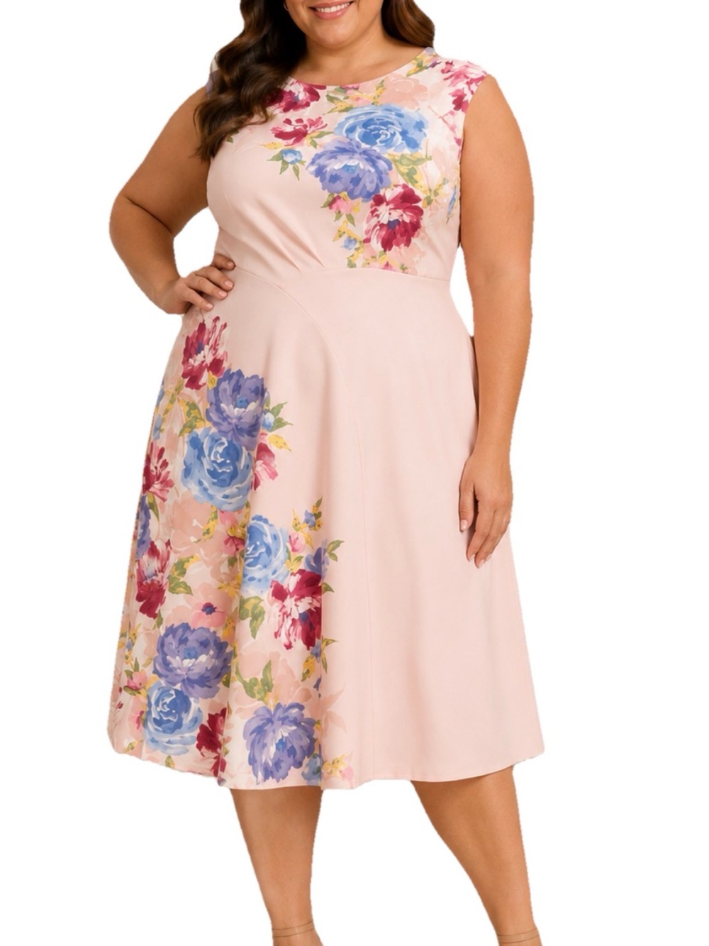 London Times Floral Pink Fit-and-Flare Knee Length Dress Multi-Color Bloom Sz 16